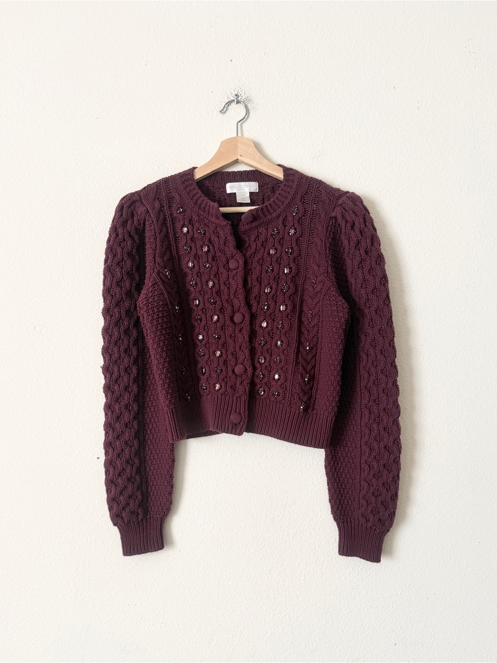 Caroline Constas MEDIUM burgundy knit jewelled knit cropped cardigan